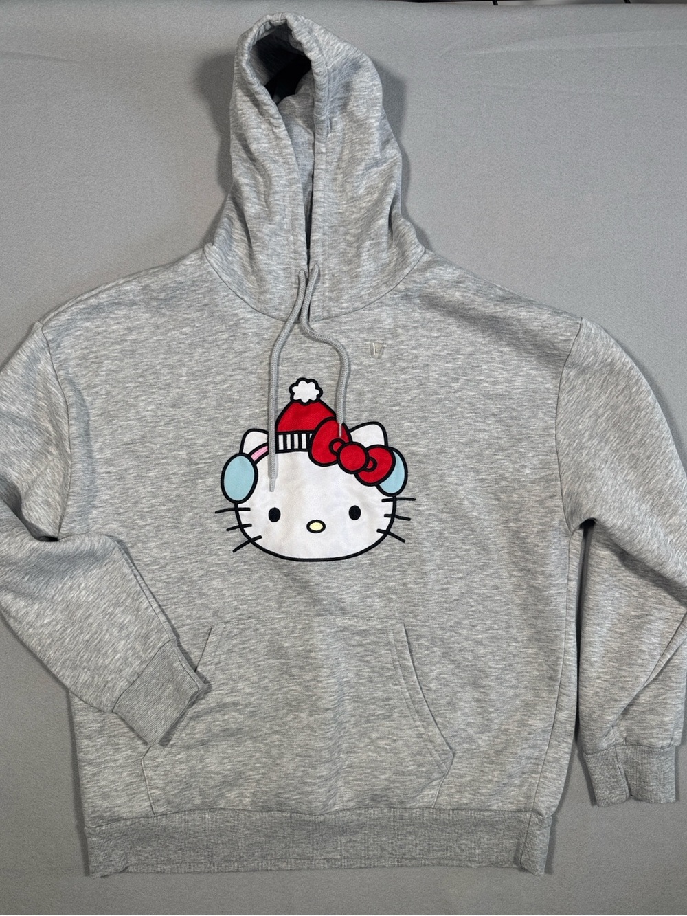Hello Kitty Gray Pullover Hoodie with Red Bow and Blue Earmuffs